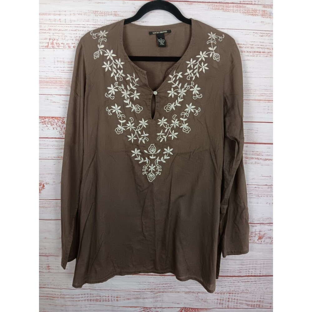 Lucky Brand Tunic Top Women’s Medium Brown Floral Long Sleeve
